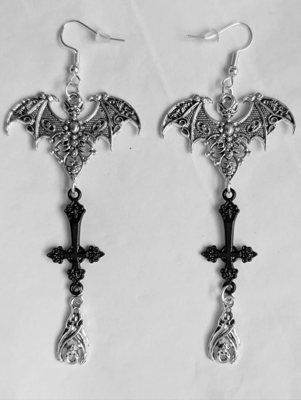 NWT Large Handmade Silver Double Bat Dangly Inverted Cross Earrings